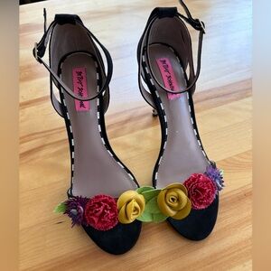 Betsey Johnson Black Heels with Red, Yellow & Purple Floral Accents